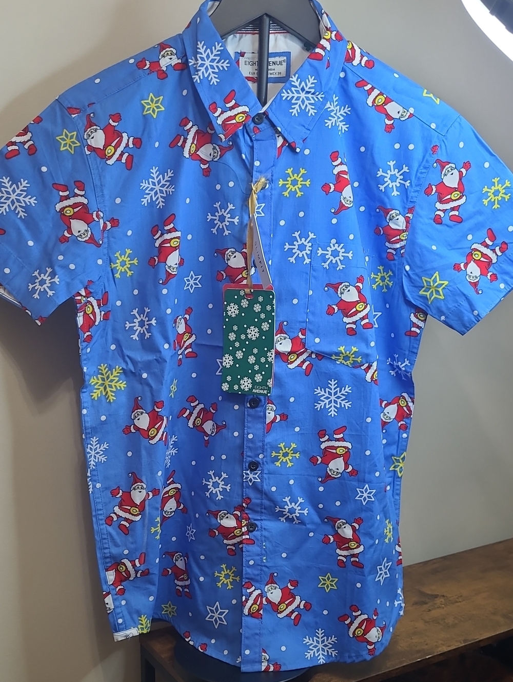 NWT Eighth Avenue Blue SLIM-FIT Button-Up Shirt with Santa & Snowflakes Size S